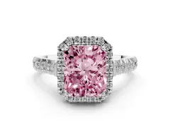 Fancy Pink Radiant Cut Diamond Halo Engagement Ring Set in Platinum with Pavé Band and Prong-Set Center