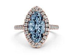 Fancy Blue Marquise Cut Diamond Pavé Halo Engagement Ring Set in Rose gold with Pavé Band and Prong Setting