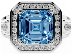 Fancy Blue Asscher Cut Diamond Halo Ring Set in Silver with Pavé and Bezel Accent Split Shank