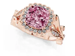 Fancy Pink Cushion Cut Diamond Halo Ring Set in Rose gold with Leaf Motif Split Shank and Prong Setting