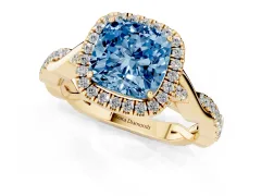 Fancy Blue Cushion Cut Diamond Halo Twist Band Solitaire Ring Set in Yellow gold with Prong Setting