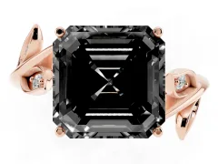 Fancy Black Asscher Cut Diamond Solitaire Twist Engagement Ring Set in Rose gold with Pavé Leaf Accents
