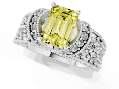 Fancy Yellow Emerald Cut Diamond Milgrain Halo Pavé Engagement Ring Set in Silver with Prong Setting