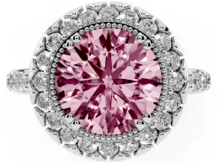 Fancy Pink Round Cut Diamond Halo Ring Set in White gold with Pavé Shank and Prong Setting