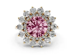 Fancy Pink Round Cut Diamond Floral Double Halo Ring Set in Yellow gold with Round Petals