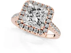Princess Cut Diamond Pavé Halo Engagement Ring Set in Rose gold with Pavé Band and Prong Setting