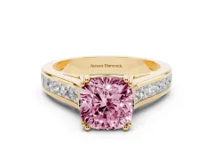 Fancy Pink Cushion Cut Diamond Channel Set Solitaire Engagement Ring Set in Yellow gold with Prong Setting