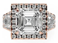 Asscher Cut Diamond Halo Split Shank Ring Set in Rose gold with Round Accent Stones and Prong Setting
