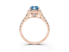 Fancy Blue Cushion Cut Diamond Halo Engagement Ring Set in Rose gold with Pavé Band and Prong-Set Center