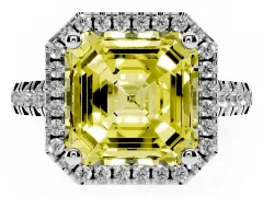 Fancy Yellow Asscher Cut Diamond Halo Engagement Ring Set in Platinum with Pavé Band and Prong-Set Center