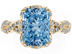 Fancy Blue Radiant Cut Diamond Halo Twist Band Solitaire Ring Set in Yellow gold with Prong-Set Center Stone