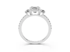 Asscher Cut Diamond Three-Stone Ring Set in White gold with Pavé Band and Graduated Sides