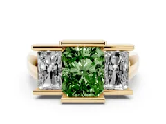 Fancy Green Radiant Cut Diamond Three-Stone Channel Set Ring Set in Yellow gold with Smooth Polished Band