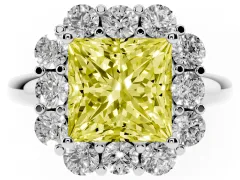 Fancy Yellow Princess Cut Diamond Milgrain Halo Solitaire Ring Set in Silver with Bezel Set Side Stones and Pavé Band