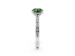 Fancy Green Round Cut Diamond Pavé Solitaire Ring Set in White gold with Round Band Accents and Prong Setting