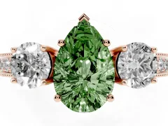 Fancy Green Pear Cut Diamond Three-Stone Ring Set in Rose gold with Round Side Stones and Pavé Band