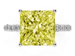 Fancy Yellow Princess Cut Diamond Solitaire Engagement Ring Set in Platinum with Round Pavé Band and Prong Setting