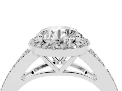 Round Cut Diamond Halo Split Shank Ring Set in White gold with Accent Stones and Prong Setting