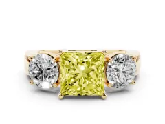 Fancy Yellow Princess Cut Diamond Three-Stone Ring Set in Yellow gold with Round Side Stones and Classic Band
