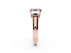Fancy Pink Emerald Cut Diamond Three-Stone Ring Set in Rose gold with Plain Polished Band