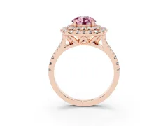 Fancy Pink Round Cut Diamond Double Halo Ring Set in Rose gold with Pavé Split Shank and Prong Setting