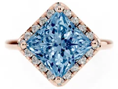 Fancy Blue Princess Cut Diamond Halo Engagement Ring Set in Rose gold with Pavé Band and Rising Shoulders