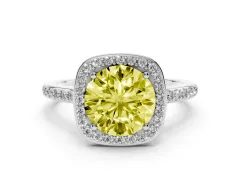 Fancy Yellow Round Cut Diamond Halo Engagement Ring Set in White gold with Round Pavé Shoulders and Heart Gallery