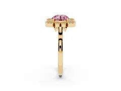 Fancy Pink Round Cut Diamond Cluster Halo Ring Set in Yellow gold with Milgrain Bezel Accents and Plain Band