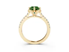 Fancy Green Cushion Cut Diamond Solitaire Ring Set in Yellow gold with Pavé Band and Floral Prong Setting
