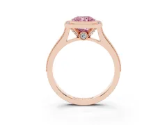 Fancy Pink Radiant Cut Diamond Halo Milgrain Pavé Band Ring Set in Rose gold with Prong Setting