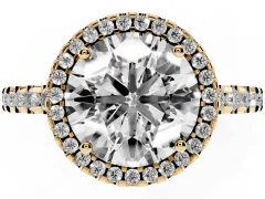 Round Cut Diamond Halo Ring Set in Yellow gold with Pavé Shoulders and Halo-Framed Center