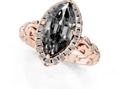 Fancy Black Marquise Cut Diamond Halo Ring Set in Rose gold with Filigree Leaf Band and Prong Setting