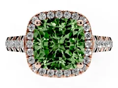 Fancy Green Cushion Cut Diamond Halo Engagement Ring Set in Rose gold with Pavé Band and Prong-Set Center