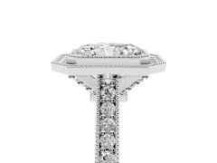 Radiant Cut Diamond Halo Milgrain Pavé Band Ring Set in White gold with Prong Setting