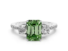 Fancy Green Emerald Cut Diamond Three-Stone Ring Set in Platinum with Pavé Band and Graduated Sides