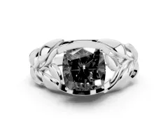 Fancy Black Cushion Cut Diamond Leaf-Inspired Engagement Ring Set in White gold with Round Accents