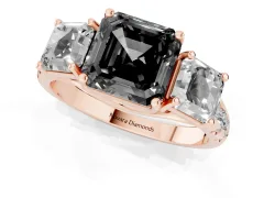 Fancy Black Asscher Cut Diamond Three-Stone Ring Set in Rose gold with Pavé Band