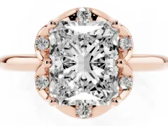 Radiant Cut Diamond Round Cluster Halo Ring Set in Rose gold with Solitaire Band and Prong Setting