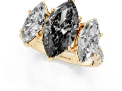 Fancy Black Marquise Cut Diamond Three-Stone Ring Set in Yellow gold with Pavé Band