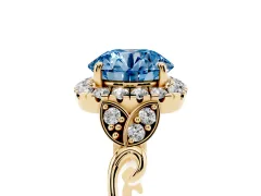 Fancy Blue Round Cut Diamond Halo Engagement Ring Set in Yellow gold with Vintage-Inspired Band and Prong Setting