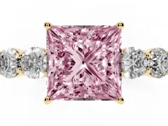 Fancy Pink Princess Cut Diamond Five-Stone Prong Set Band Ring Set in Yellow gold with Polished Band