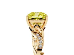 Fancy Yellow Cushion Cut Diamond Vine Band Solitaire Ring Set in Yellow gold with Milgrain Prong Setting