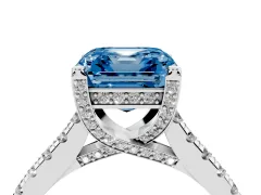 Fancy Blue Asscher Cut Diamond Solitaire Ring Set in Silver with Brilliant Pavé Band and Prong Setting