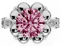 Fancy Pink Round Cut Diamond Floral Halo Ring Set in White gold with Shared Prong Band