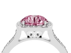 Fancy Pink Round Cut Diamond Halo Engagement Ring Set in Silver with Round Pavé Shoulders and Heart Gallery