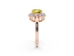 Fancy Yellow Princess Cut Diamond Milgrain Halo Solitaire Ring Set in Rose gold with Bezel Set Side Stones and Pavé Band