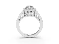 Cushion Cut Diamond Halo Ring Set in Silver with Stone-Set Split Shank and Milgrain Edges