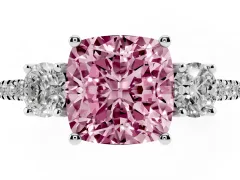 Fancy Pink Cushion Cut Diamond Three-Stone Ring Set in White gold with Pavé Band and Graduated Sides
