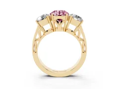Fancy Pink Round Cut Diamond Three-Stone Ring Set in Yellow gold with Textured Band