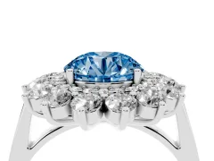 Fancy Blue Round Cut Diamond Floral Double Halo Ring Set in White gold with Round Petals